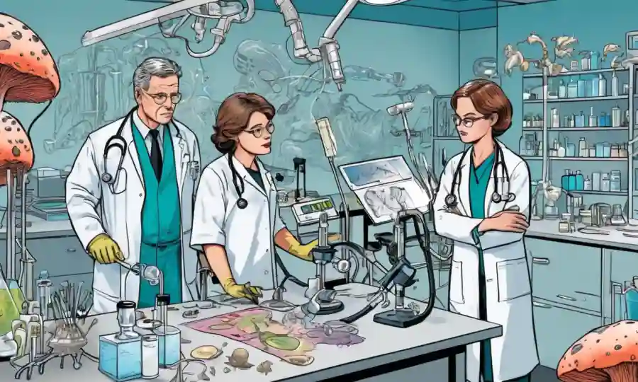 Profesionales médicos rodeados de diagramas y equipos de laboratorio, con ilustración de hongos en el fondo.