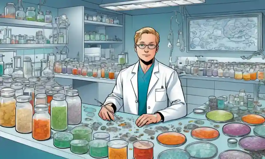 Un técnico de laboratorio en un ambiente estéril rodeado de platos Petri y hongos, con diagramas y diagramas de enzimas y proteínas.