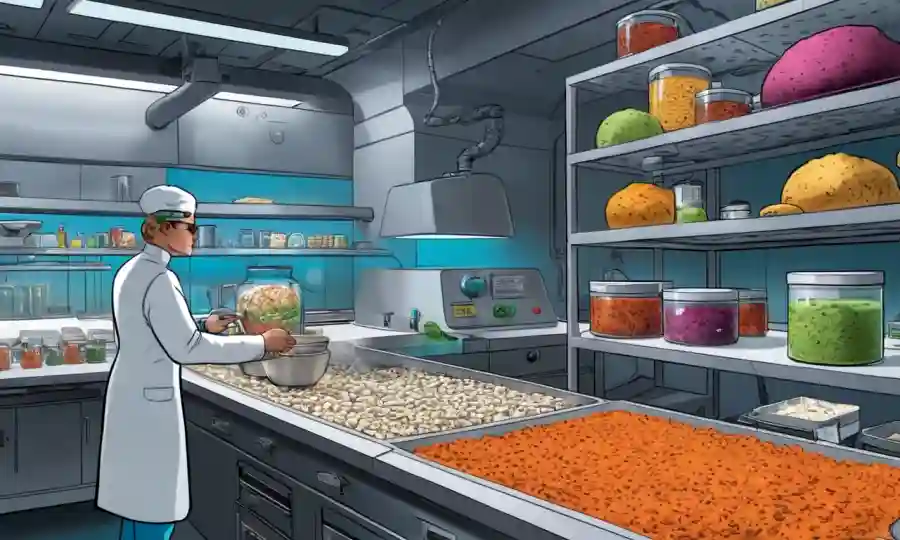 Productos alimenticios basados en hongos que se producen en un laboratorio futurista, con énfasis en opciones saludables y sostenibles.