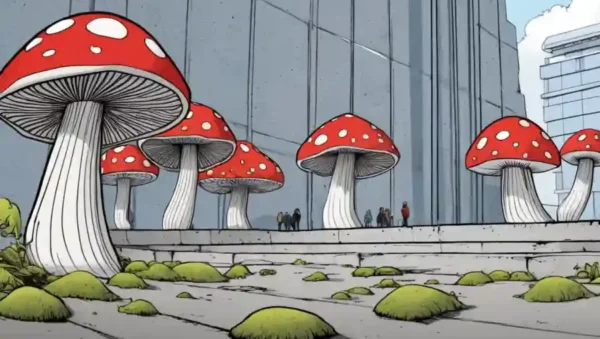 Setas creciendo desde el hormigón mientras los estudiantes de arquitectura miran