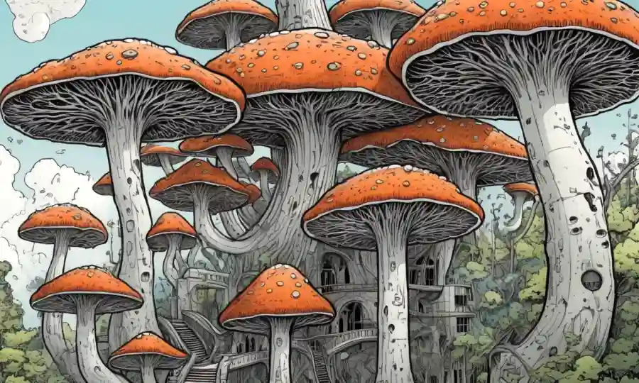 Fungi creciendo en estructuras arquitectónicas, con símbolos de codificación incrustados dentro del micelio.
