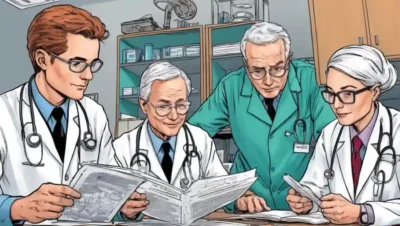 Profesionales médicos que estudian tratamientos y documentos de investigación basados en hongos.
