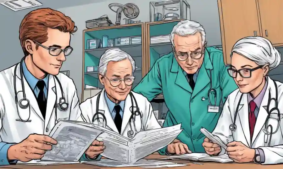 Profesionales médicos que estudian tratamientos y documentos de investigación basados en hongos.