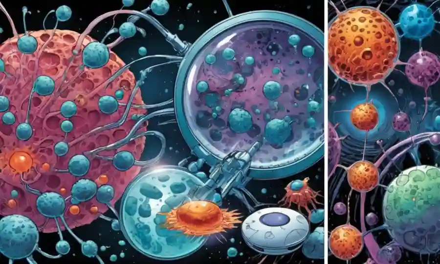 Las células y microorganismos ilustrados como avances médicos florecen en pantallas futuristas.