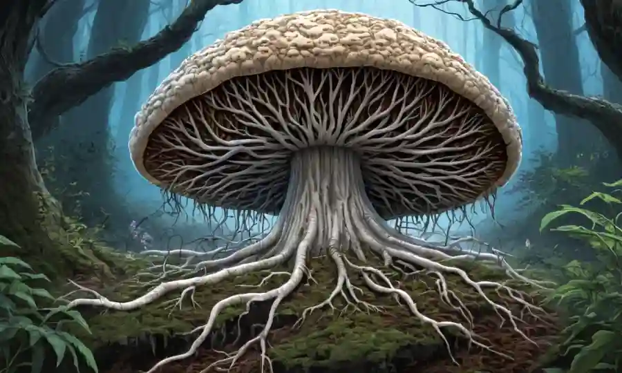 Una estructura de micelio (raíz de baño) con compuestos bioactivos y diversos objetos de aplicación médica alrededor.