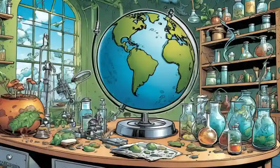 Equipos científicos de laboratorio e ilustraciones de hongos alrededor de un globo, destacando la producción farmacéutica sostenible.