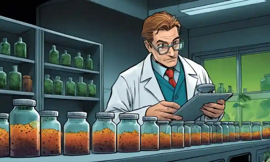 Un científico que examina frascos de cultura hongos, destacando las aplicaciones industriales.