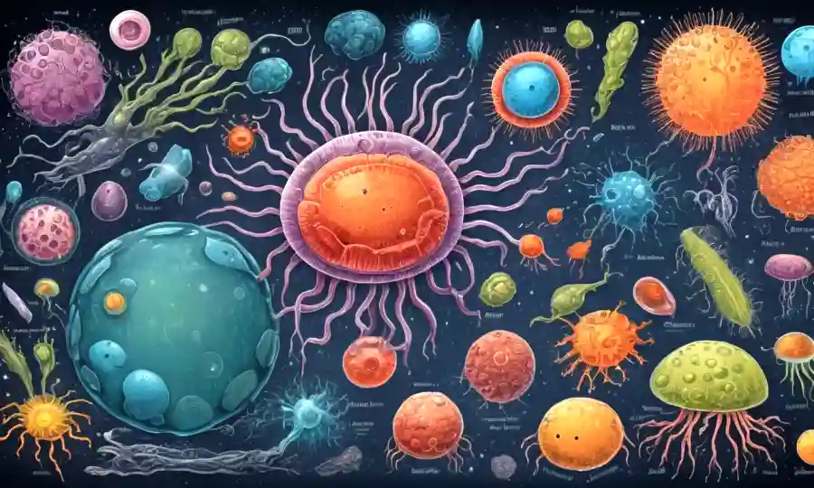 Microorganismos interactuando en simbiosis, rodeados de diagramas e ilustraciones científicas.