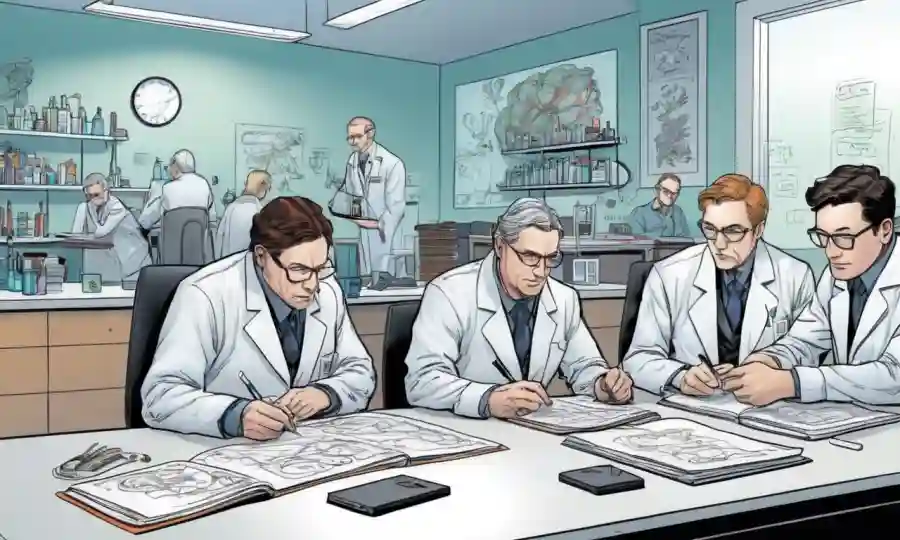 Biólogos y matemáticos colaborando en una mesa de laboratorio que estudia relaciones simbióticas.