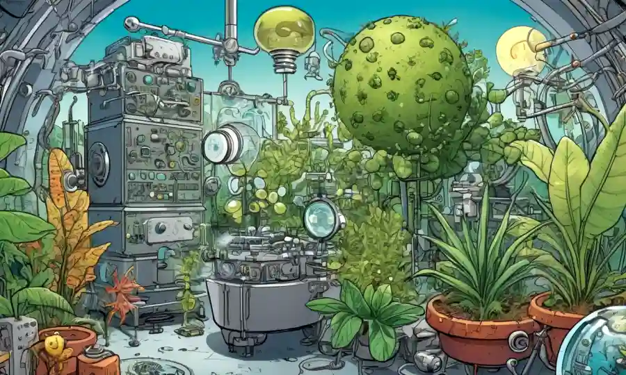 Microorganismos interactuando con plantas o animales en diversos ambientes, rodeados de equipos y diagramas científicos.