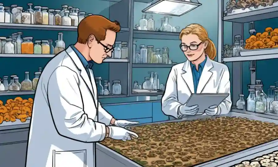 Investigadores en diversos campos examinando especies de hongos en entornos de laboratorio.