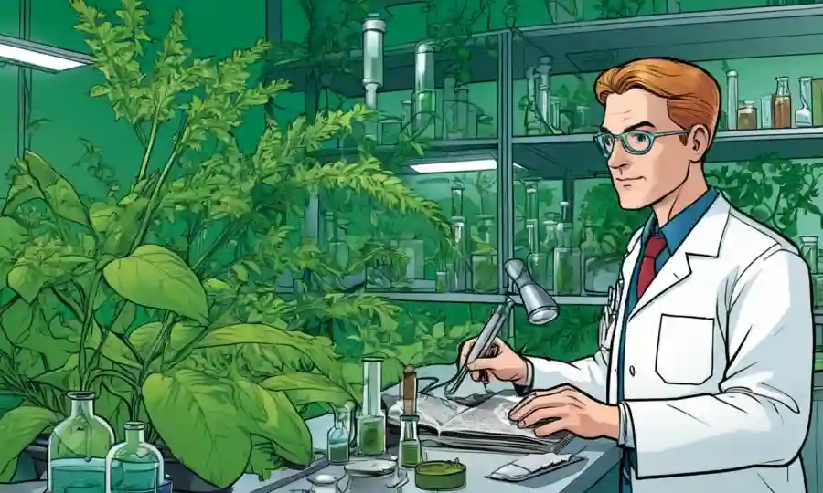 Un científico que estudia interacciones endofiladas en plantas en un laboratorio en medio de vegetación exuberante.