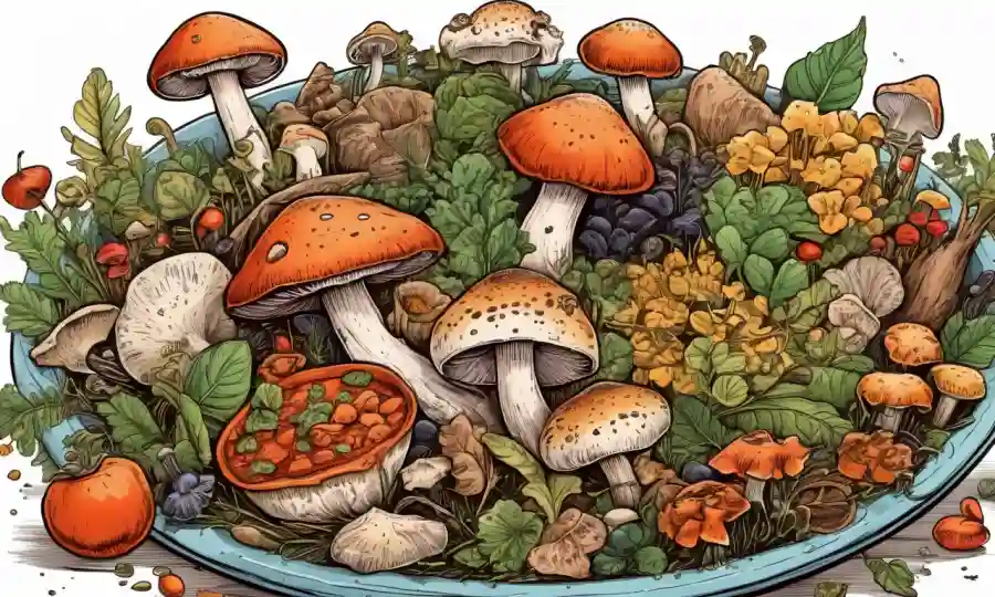 ilustraciones coloridas de varios hongos comestibles con alimentos inspirados en el Mediterráneo.