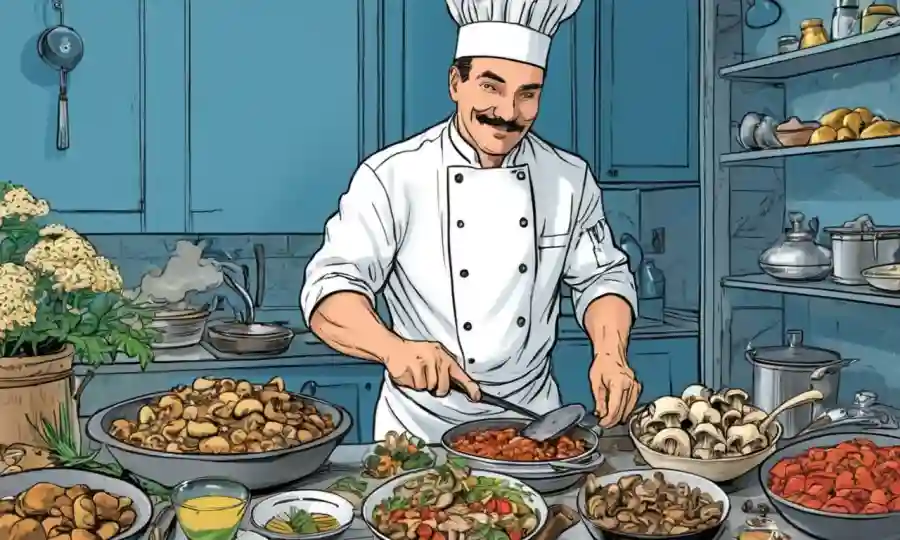 Un chef preparando un plato mediterráneo con varias setas comestibles.
