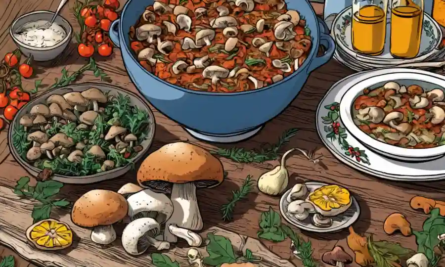 Los hongos se utilizan como ingredientes en platos mediterráneos sobre una mesa.