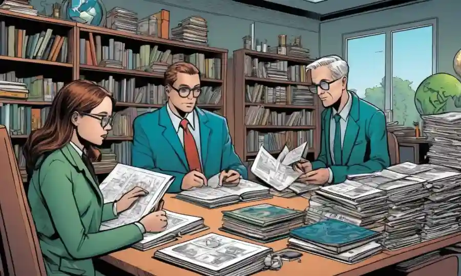Investigadores científicos analizando mapas de datos rodeados de pilas de libros de ecología, con un toque de futurismo.