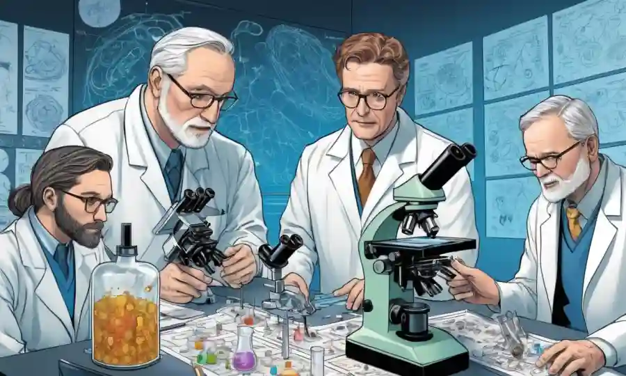 Científicos que estudian especímenes en un microscopio
