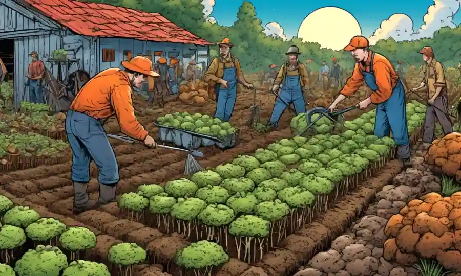 Agricultores rodeados de cultivo de hongos utilizando residuos agrícolas.
