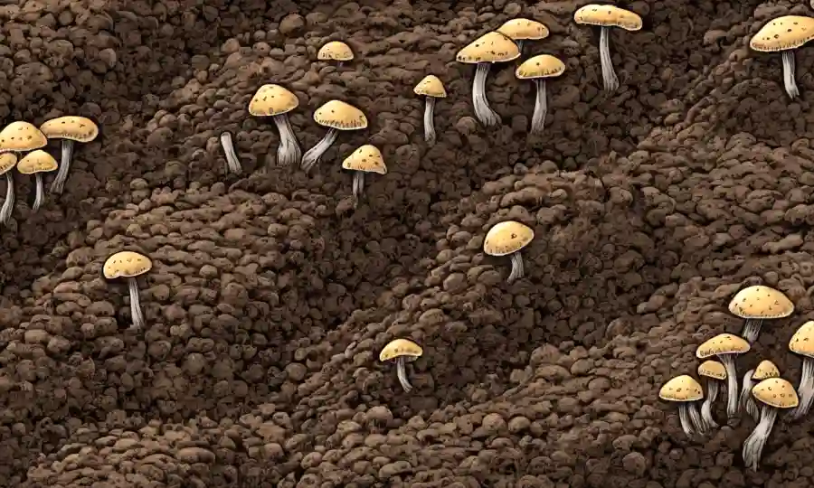 hongos miceliales que se propagan a través de fibras naturales y del suelo como fondo.