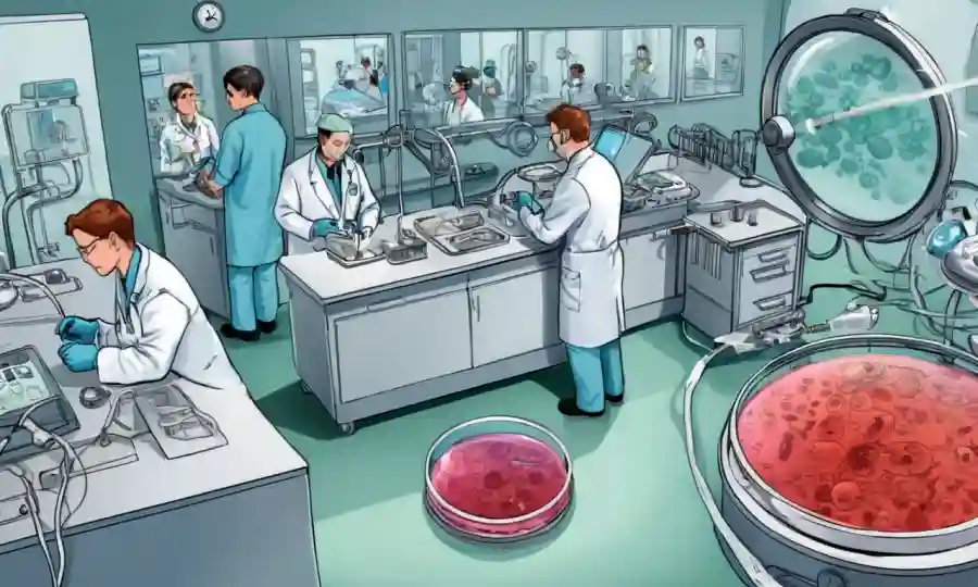 Microorganismos que cultivan en platos petri rodeados de equipos médicos y profesionales de la salud.