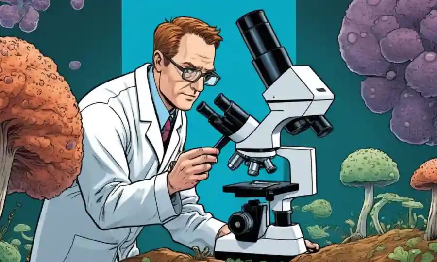 Un científico que examina estructuras fúngicas a través de un microscopio.