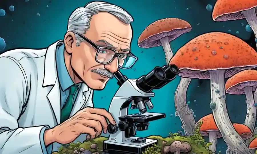 Un científico que estudia hongos bajo un microscopio, destacando su potencial en el control biológico.