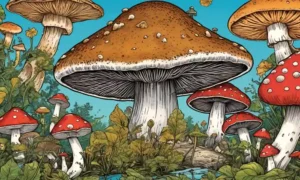 Una mezcla de símbolos culturales e imágenes relacionadas con hongos