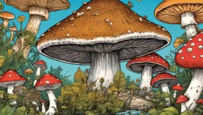 Una mezcla de símbolos culturales e imágenes relacionadas con hongos