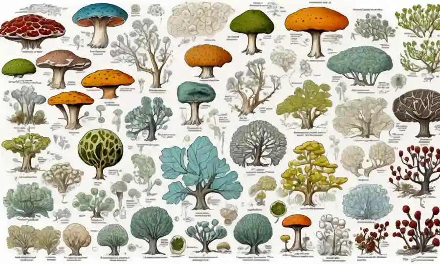 Una ilustración compleja de morfología microscópica con diagramas genéticos y árboles evolucionarios.