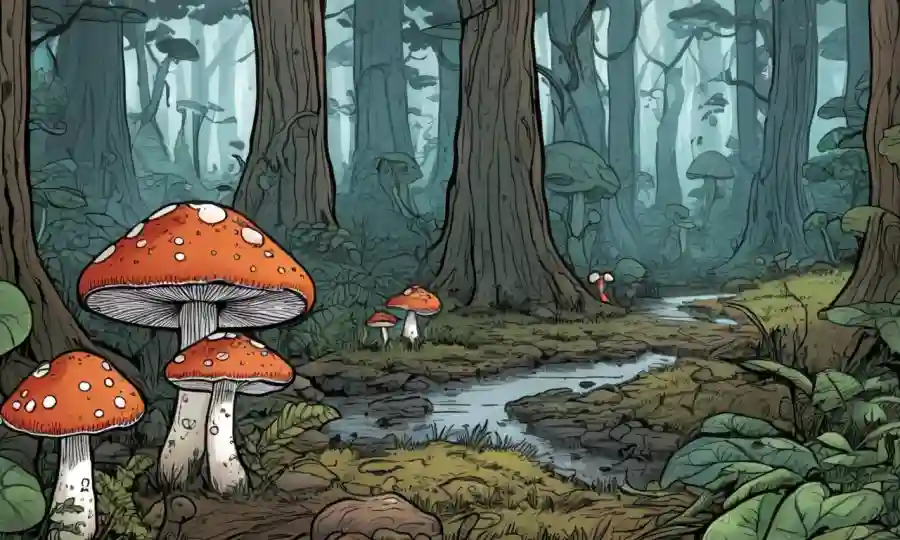 Setas creciendo en un bosque con filamentos fúngicos y diagramas genéticos.