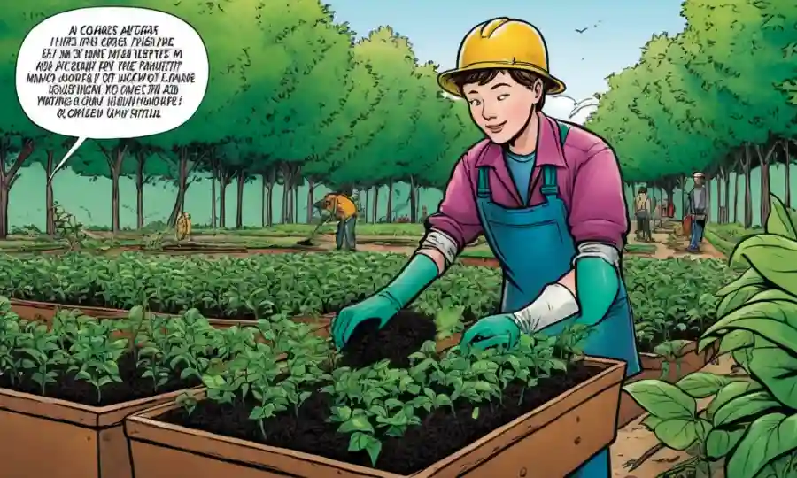 Una persona que llevaba guantes aplicando fertilizante orgánico a plantas en medio de vegetación y estadísticas de salud pública.