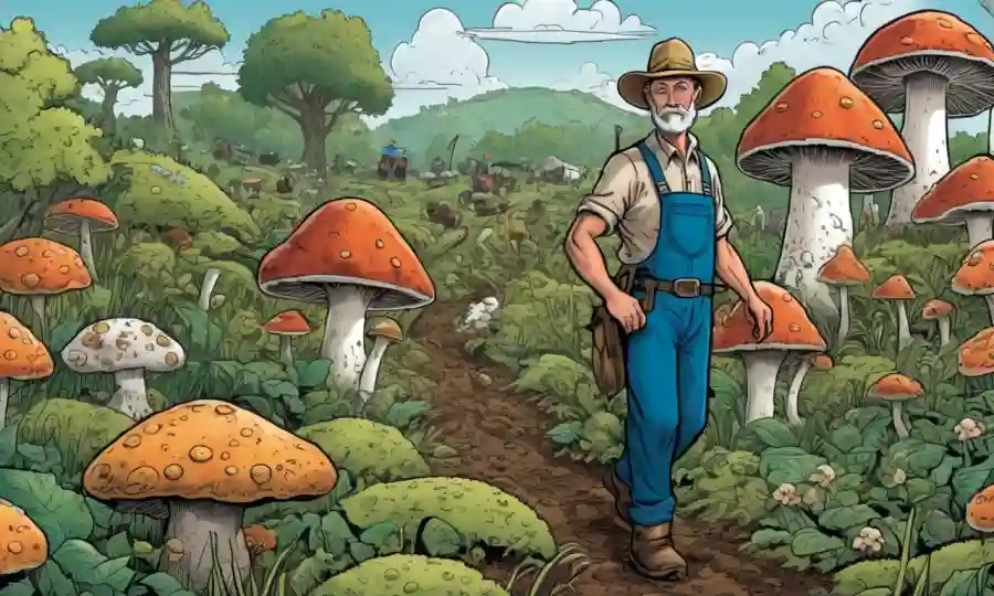 Un agricultor rodeado de organismos fungosos con gráficos orientados a la comunidad.