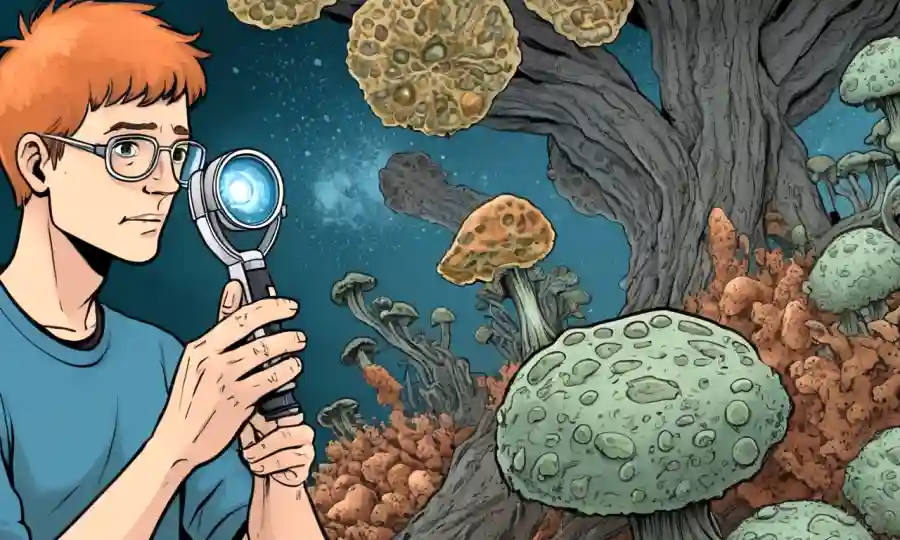 Una persona que sostiene un microscopio junto a muestras de crecimiento fúngico, destacando los riesgos de autodiagnóstico.