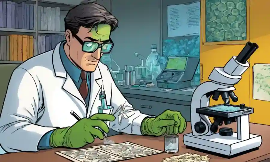 Un científico que examina un microscopio con diapositivas de muestra y notas escritas sobre diagnóstico fúngico.