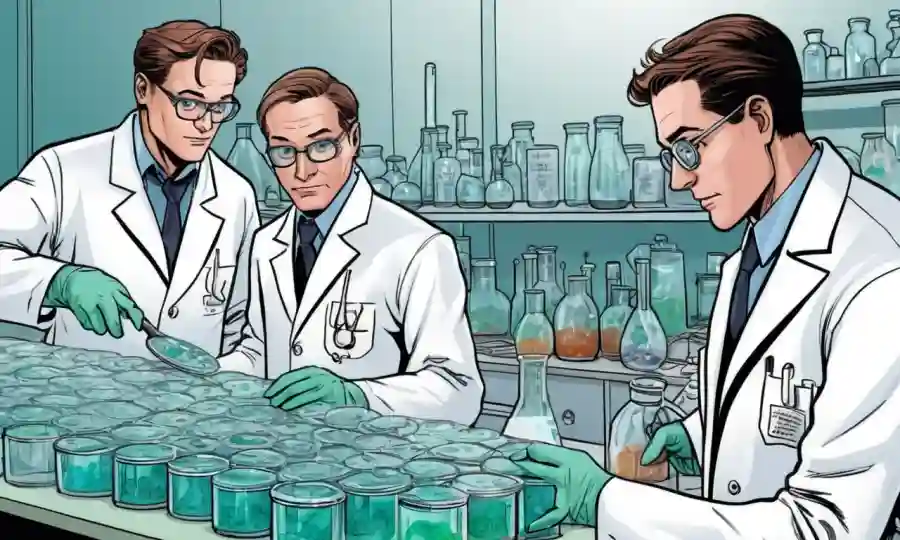 Investigadores científicos en capas de laboratorio que estudian crecimiento fúngico en platos Petri.