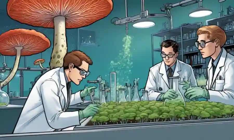Un grupo de científicos analizando microorganismos en un entorno de laboratorio, con crecimiento de hongos cerca.