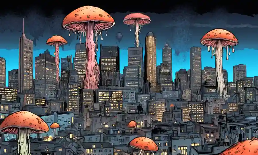 Un gráfico que ilustra el surgimiento de infecciones fúngicas superpuestas sobre un paisaje urbano.