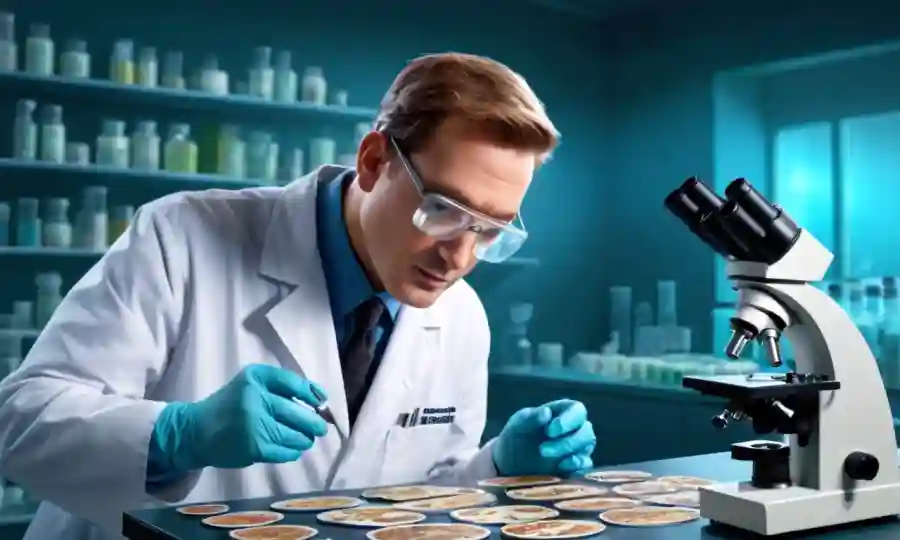 Un investigador que examina las diapositivas del microscopio con diversas culturas fúngicas en un entorno de laboratorio.