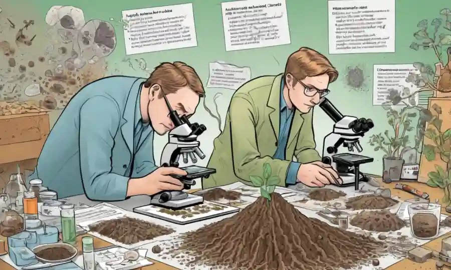 Científicos que examinan muestras de suelo bajo microscopios, rodeados de gráficos y diagramas que ilustran la conexión entre patógenos del suelo y salud de los ecosistemas.