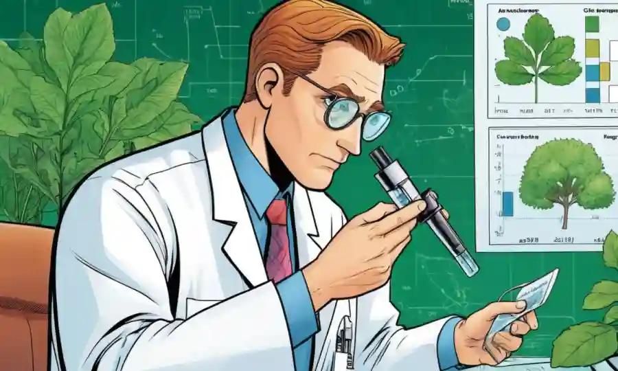 Científico examinando una diapositiva de microscopio con un toque de vegetación exuberante en el fondo, rodeado de gráficos y gráficos.