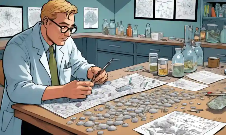 Científico estudiando muestras de hongos en un banco de laboratorio con notas y diagramas diseminados.