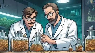 Científicos que estudian hongos en un laboratorio.