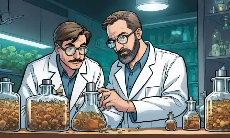 Científicos que estudian hongos en un laboratorio.