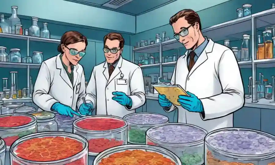 Microbiólogos que estudian platos petri que contienen culturas fúngicas y equipos para la investigación del laboratorio.