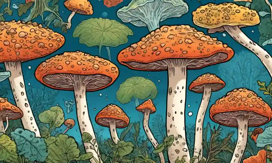 Una imagen microscópica de células hongos rodeada de ilustraciones de interacciones de la naturaleza.