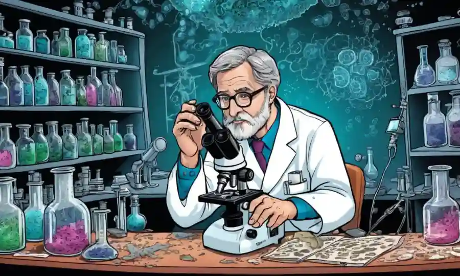 Científico en un laboratorio que estudia células fúngicas con microscopios y ecuaciones.