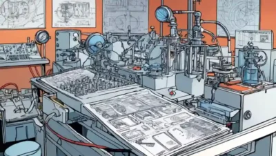 Equipo científico y muestras de laboratorio sobre un fondo de diagramas tecnológicos.