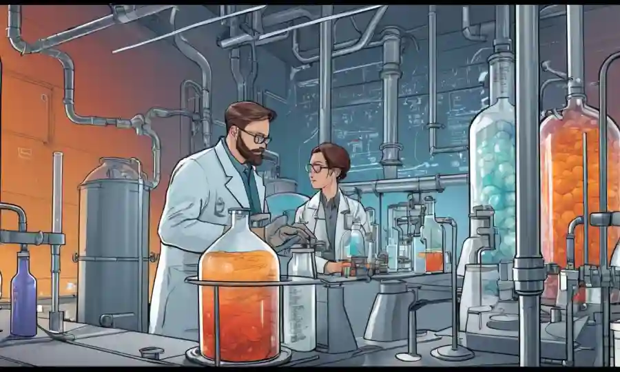 Investigadores científicos que estudian tanques de fermentación en un laboratorio, rodeados de gráficos y visualizaciones de datos.