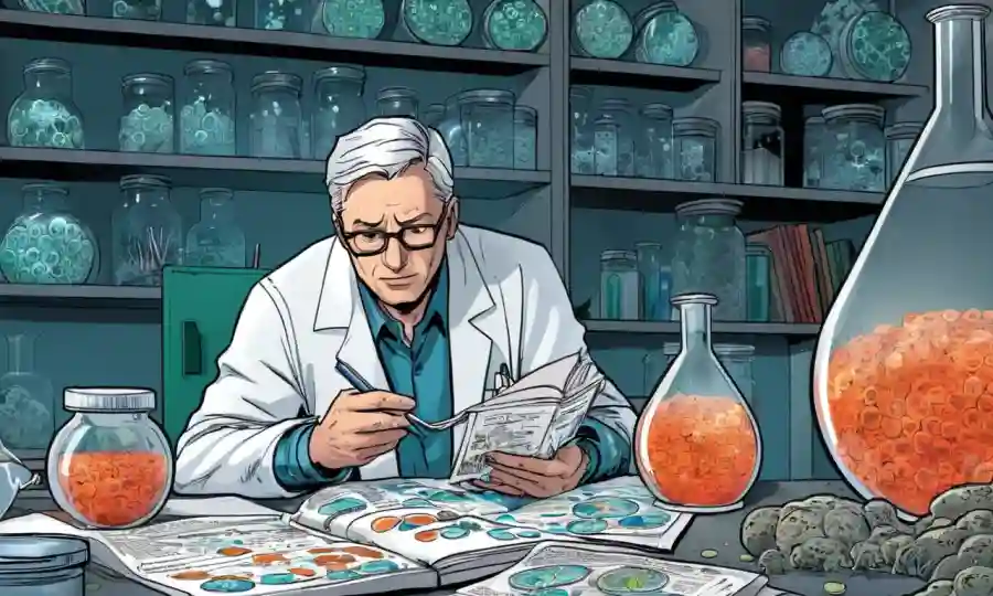Científico rodeado de platos petri y papeles de investigación, contemplando futuros descubrimientos de investigación fúngica.