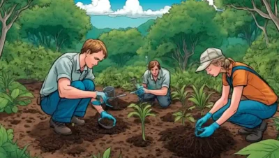 Investigadores que examinan muestras de suelo en medio de vegetación exuberante